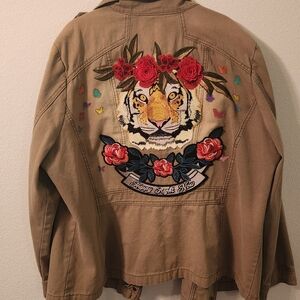 Women's Upcycled Tiger With Flower Crown Utility Jacket, 1X